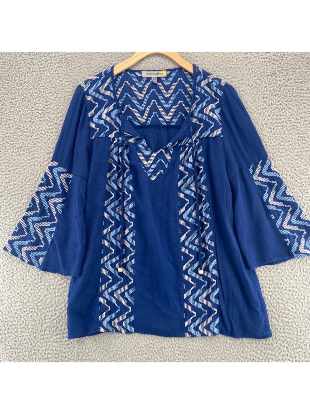 Figueroa & Flower Top Womens Extra Large Petite Blue Chevron Embroidered Blouse